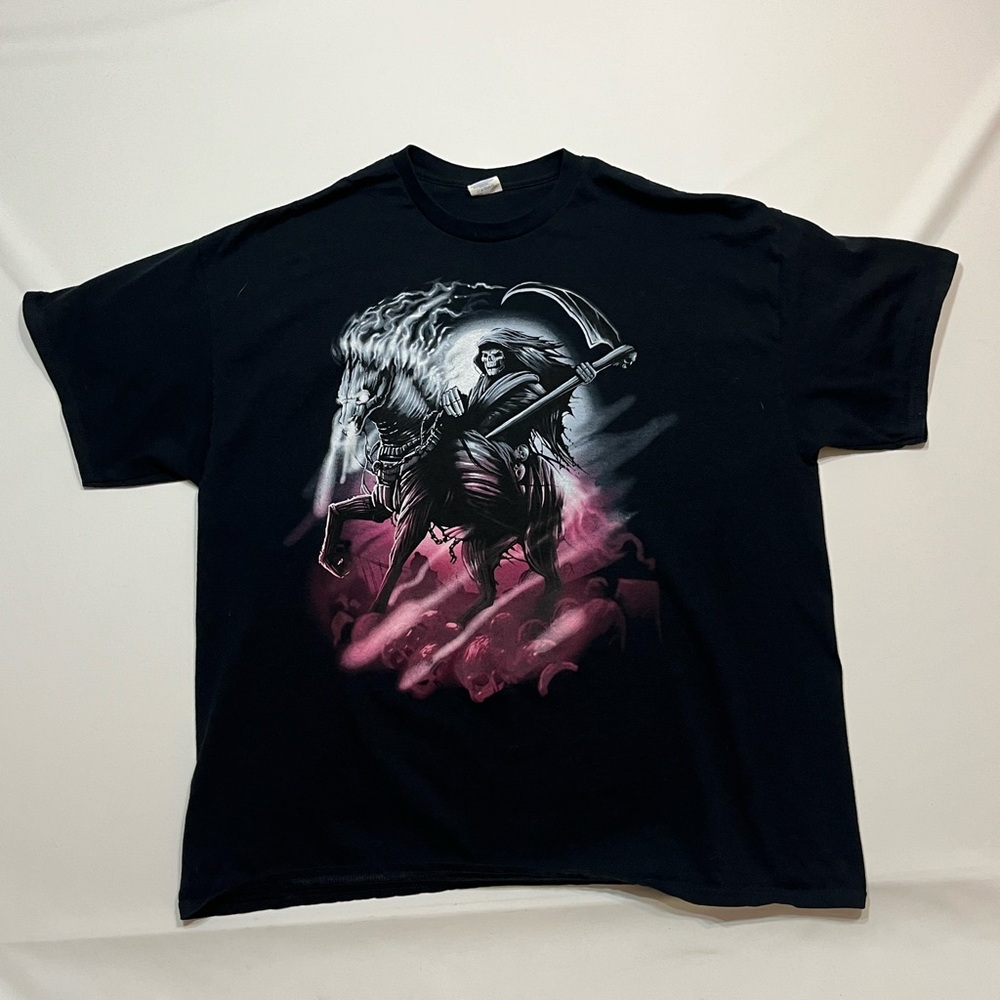Vintage Y2K Black Grim Reaper Horse T-shirt Graphic Men’s 2XL GRUNGE Skull